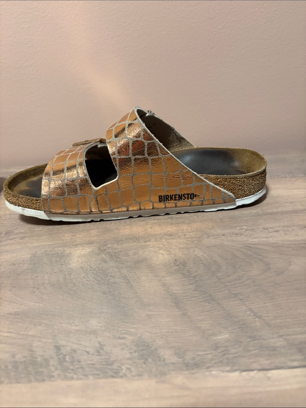 Birkenstock Metallic Bronze Croc-Embossed Double Buckle Sandals - Picture 7 of 8